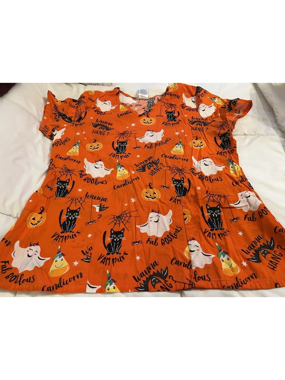 Scrubstar Womens LARGE Halloween Orange Cat Ghost Pumpkin Scrub Top Cotton